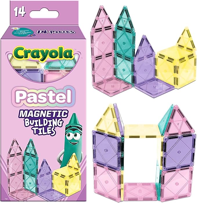 CreateOn Crayola Magnetic Tiles, Building Set for Kids, Magnetic Building Toys for Kids, STEM Travel, Easter Basket Gift for Boys and Girls Ages 3+, 14-Piece Set (Pastel)