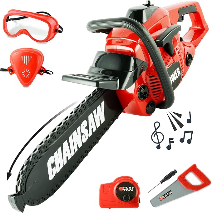 Toy Choi's Toy Chainsaw with Realistic Sound，Kids Gardening Tool Play Set | Rotatable Safe Chain, Sturdy Plastic Kids Chainsaw for Boys Girls Ages 3 4 5 6 7 8 with Toy Tool Set, Yard Pretend Play Gift