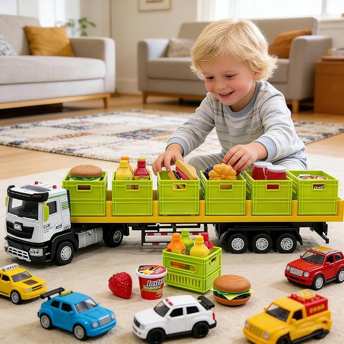 Food Transport Truck Toy for Age 3-8 Kids – Alloy Vehicles Head 1:40 Goods Trailer with Cargo Box and Food Model, Lights & Sounds (Large Transport Truck Green)