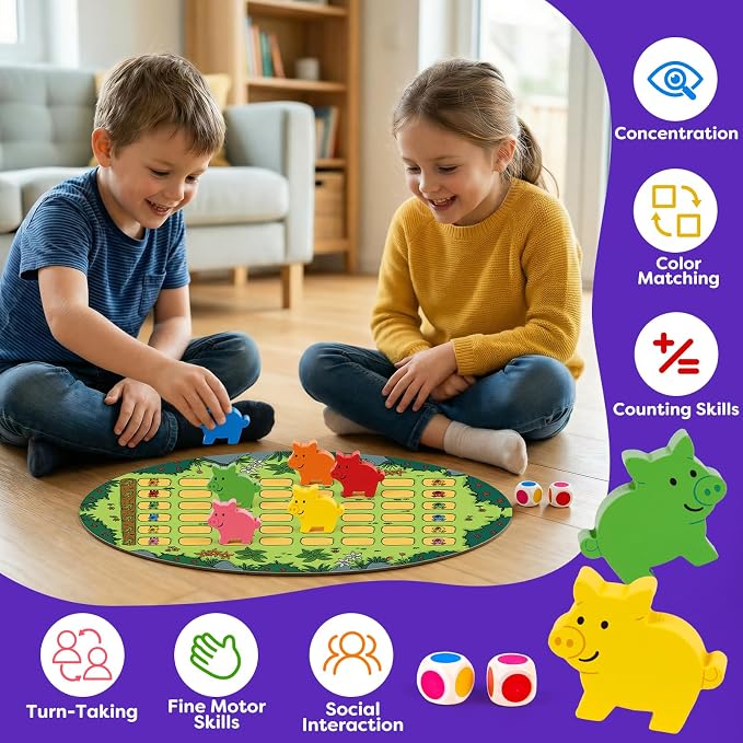 Run Piggy Cooperative Board Game, Adorable Family Dice Game for Kids Ages 3-7, Color Matching Board Game, Preschool Learning Toy, 2-6 Players