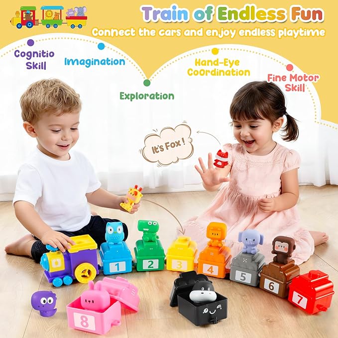 URMYWO Learning Toys for 1 2 3 Years Old Boy Girl, Montessori Toddler Toys | Train Set with 10 Finger Puppets & Play Mat, Counting Matching & Sorting, Toddler Birthday Gift