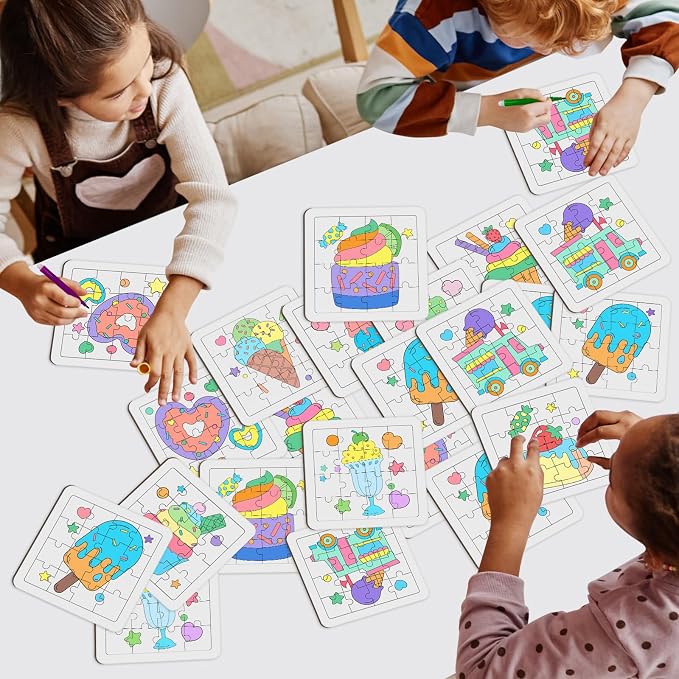 Cinrobiye 24 Pcs Ice Cream Coloring Puzzle Craft Kit for Kids, DIY Candy Donut Jigsaw Puzzles Bulk with 12 Designs, Sweet Treat Arts and Crafts for Birthday Party Favors, Classroom Rewards