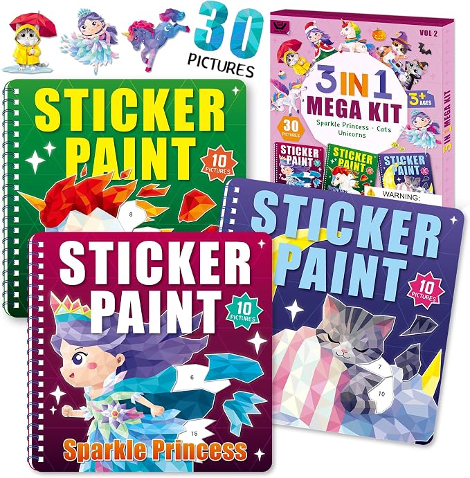 Elite Panda Sticker by Number Books for Kids Ages 4-8, 3-Pack, Unicorn Cat | 30 Sticker Pictures. Paint with Stickers Activity for Girls & Boys. Travel Toys, Car Rides & Quiet Time. Birthday Gift