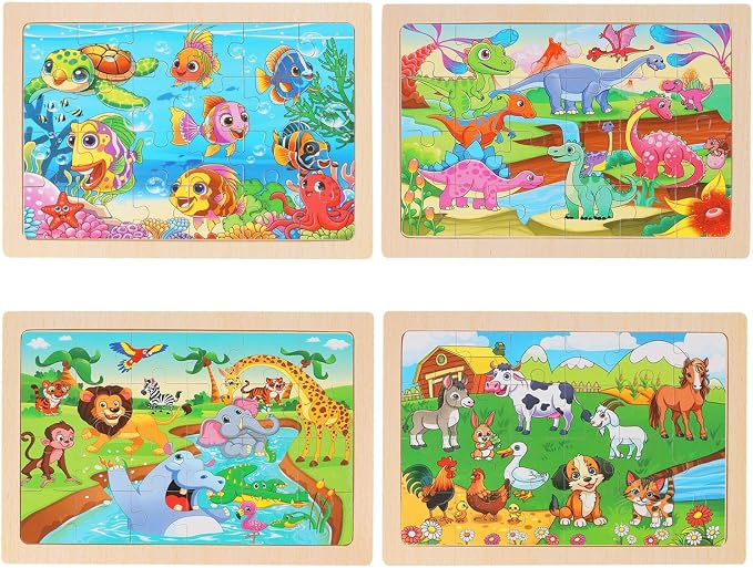 Puzzles for Kids Ages 4-6, 4-Pack 24-Piece Wooden Kids Puzzles | Animal, Dinosaur, Ocean & Farm Themes | Educational Puzzles for Kids Ages 3-5, Age-Appropriate Learning Toys, Ages 3+