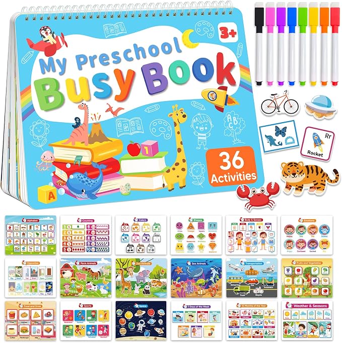 Toddler Busy Book, Montessori Educational Toys for 3 4 5 Year Old Gifts | Learning Toy, Preschool Kindergarten Workbooks, Tracing Coloring Activity Books for Kids Ages 3-5, Car Airplane Travel Toys