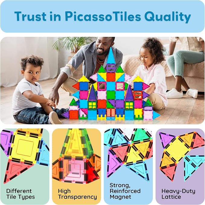 PicassoTiles 101 Piece Magnetic Tiles Building Set with Car & Bag Ages 3+ | BPA-free plastic, smooth-edge design, doors/windows, specialty shapes, spatial reasoning, hand-eye coordination, pretend play