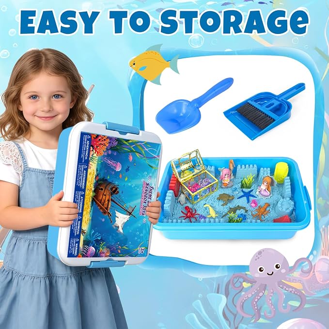 Sensory Bins, Ocean Sensory Bin Mermaid Sandbox for Kids 3 4 5 6-8 | with 2.2lbs Magic Sand, 2 Mermaid Toys, Sea Animals, Cleaning Tools, Birthday Gift for Toddlers Play Sand Art Kit