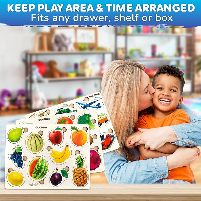 Wooden Puzzles for Toddlers 1-3 - 3 Montessori Kids Puzzles Ages 2-4 | Educational Realistic Wood Toddlers Puzzles ages 3-5 — Learning Fruits, Cars and Vegetables for Boy and Girl