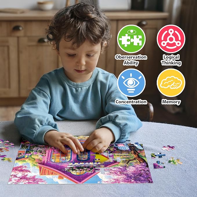 4 Packs 100 Piece Puzzles for Adults - Forest Animals, Flower Shop, Succulents, Hamburgers Large Piece Puzzles for Seniors Adults Jigsaw Puzzle for Kids Ages 6-8 8-10 Learning Educational Puzzles Gift
