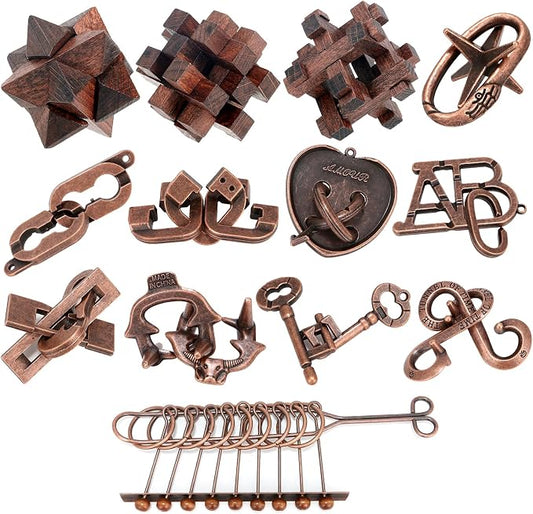 Mytothfy Brain Teaser Puzzles for Adults Teens Kids, 3D Puzzle Game Toys | 13 Pcs Metal & Wooden Unlock Interlocking Puzzle for Adults Teens, IQ Education Smart Toys, Train Family Games Party Favor