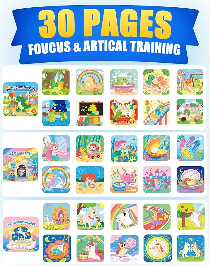 Reusable Water Painting Book, 3 Packs Coloring Books,30 Pages | Mess Free Coloring Book for Toddlers 1-3, Travel Gift for Boys & Girls, Educational Art Activity, Montessori Art