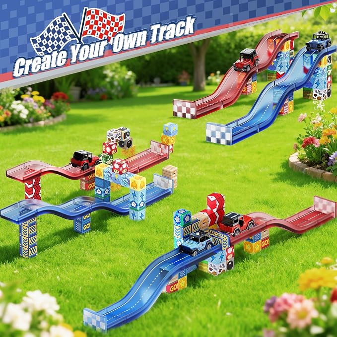 Magnetic Tiles Race Track Set, 52PCS STEM Educational | With 2 Race Cars, Montessori Sensory Travel Toys for Kids 3 4 5 6 7 8, Birthday & Holiday Gift for Boys & Girls