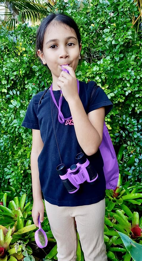 Purple Adventure Kidz Outdoor Exploration Kit | Children's Binoculars with Case, Flashlight, Compass, Fox Whistle, Magnifying Glass, Backpack
