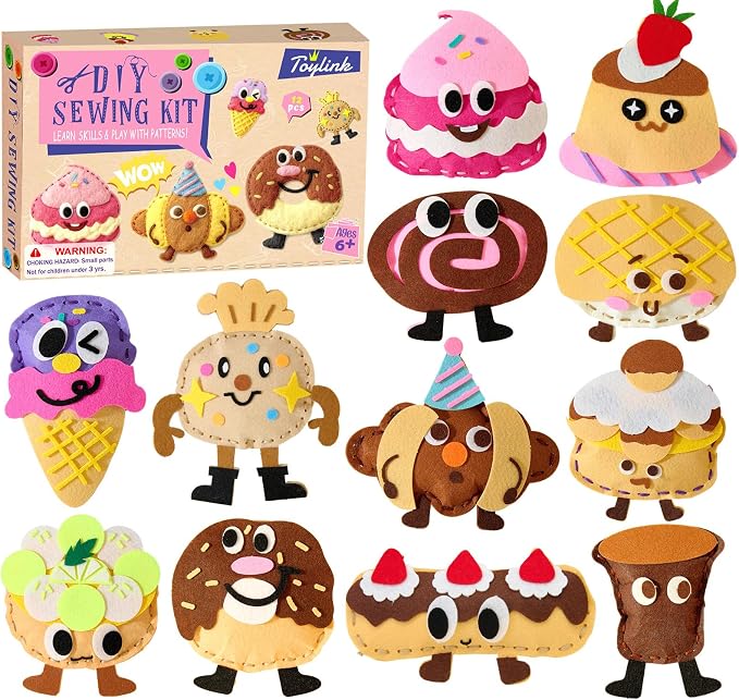 Toylink DIY Sewing Kit for Kids Ages 4-12, 12 Dessert Felt Craft Kit with Pre-Punched Holes, Blunt Plastic Needles, Cotton Stuffing - First Sewing Kit STEM Learning Toys for Girls Boys Birthday Gift