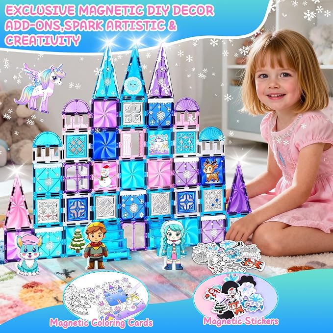 Princess Castle Magnetic Tiles 112PCS with 4 Dolls 2 Stairs & Magnetic Art Decors Kit, Diamond Blocks Magnet Tiles for Kids 3-5 4-8-12, Magnet STEM Princess Toys for 3 4 5 6 7 8+ Girls Kids Xmas Gifts