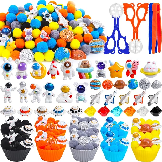 252PCS Space Sensory Bin Fillers Outer Space Fine Motor Sensory Bin Items Includes Pom Poms Tweezers Planet Astronauts Resin for Counting Sorting Training
