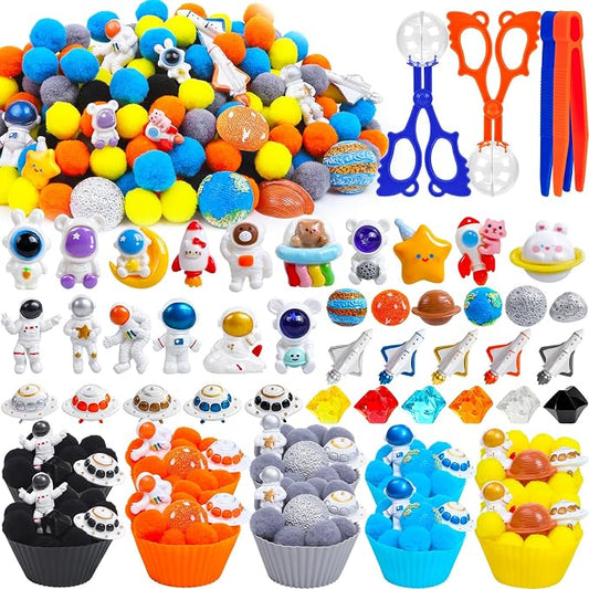 252PCS Space Sensory Bin Fillers Outer Space Fine Motor Sensory Bin Items Includes Pom Poms Tweezers Planet Astronauts Resin for Counting Sorting Training