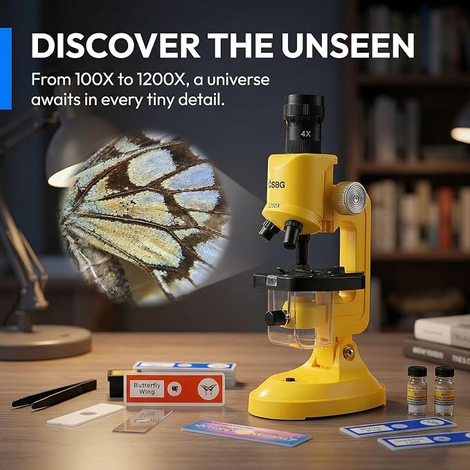 Little World Kids Microscope with LED Light - 100X/400X/1200X Magnification | Beginner science kit, includes prepared 12 slides, monocular view, educational STEM gift for ages 5-12, Yellow