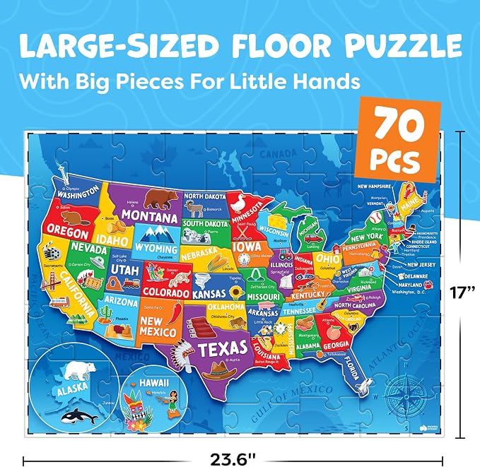 United States Puzzles for Kids Ages 4-6, 6-8 - Educational Toys for Boys & Girls - 70Pcs USA Map Kids Puzzles with 50 States & Capitals - Floor Jigsaw Kids Puzzle - Learning Activities Gifts