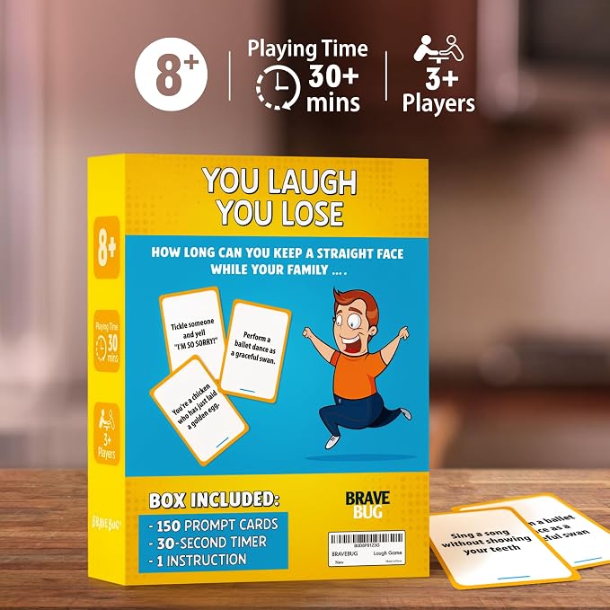 BRAVEBUG You Laugh You Lose Game - Funny Charades Kids Games - Board Games for Kids & Teens - Try Not to Laugh Challenge - Sleepover Party Supplies for Girls, Birthday Game for Family, Kids & Girls