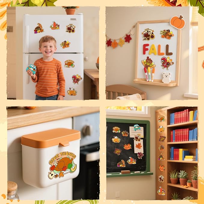 Thanksgiving Coloring Arts Crafts Kits - 30Pcs Fall Color Your Own Magnets for Kids Turkey Pumpkin Blank DIY Coloring Magnets for Autumn Party Fridge Refrigerator School Classroom Activities Decors