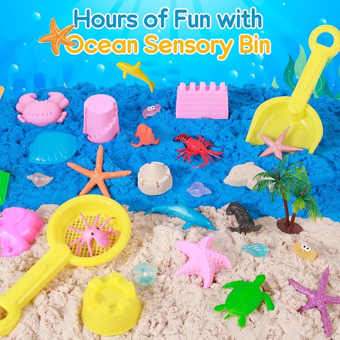 Mikiwon Ocean Sensory Bin, Sandbox Play Sand Art Kit with 1.65lbs Play Sand, Sea Animal Toys Molds, Sensory Play for Girls Boys Age 3 4 5 6 7 8, Beach Toys for Kids Xmas Birthday Gifts