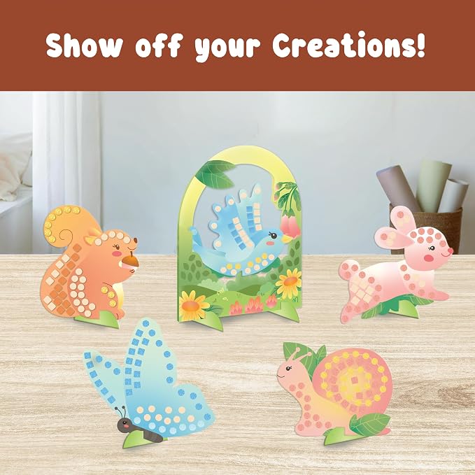 BINCA Foam Sticker Mosaic Art Activity, 750+ 3D Glitter Foam Stickers, 5 Garden Animals with Display Arch, DIY Mess-Free Activities, Gifts for Boys & Girls Ages 5,6,7,8