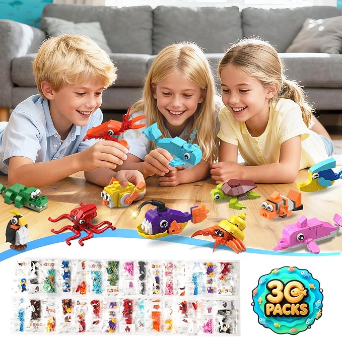 30 Pack Marine Animals Party Favors For Kids Building Set for Boys Girls 6+ | 824PCS Building Blocks for Party Favors Goodie Bags Fillers Stocking Stuffers Classroom Prizes Toy Birthday Valentines Gifts