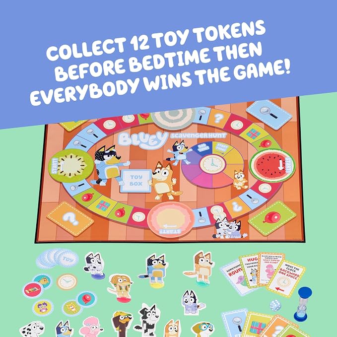 Bluey Scavenger Hunt Board Game, Cooperative Play with 4 Exclusive Mini-Figures, Indoor Games for Kids Ages 5+, Fun Toy Token Collecting Game | Collect 12 toy tokens as a team with Bluey, Bingo, Bandit & Chilli minis; family game for kids ages 3+