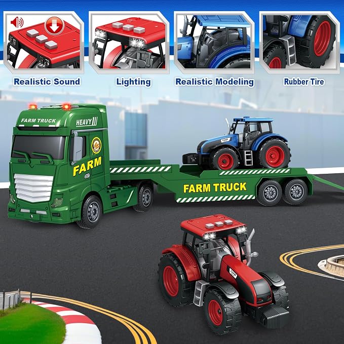 Bstoyder Toddler Boy Toys for 3 4 5 6 7 Years Kids, 25" Semi Flatbed Truck Toy with 2 Tractors, Friction Powered Vehicles Toys with Lights and Sounds, Birthday for Boy Girls