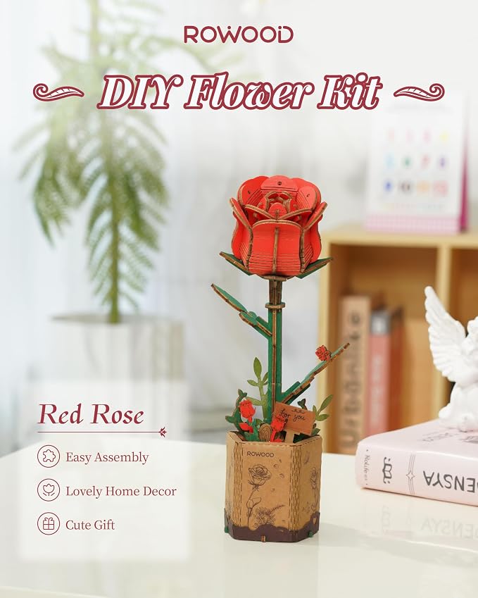 rowood 3D Puzzle Wooden Flower,DIY Artifical Flower Building Toy Set Craft Kit for Women,Mother's Day/Valentine's Day/Teacher's Day/Thanksgiving/Christmas/Birthday Choice-Red Rose