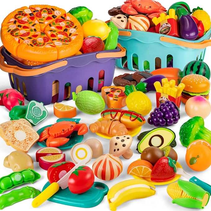 115 Pcs Cutting Play Food Toy for Kids with 2 Colors Storage Baskets | Fake Food/Fruit/Vegetable for Toddler Pretend Kitchen Accessories, Boy Girl Classroom Learning/Birthday Gift