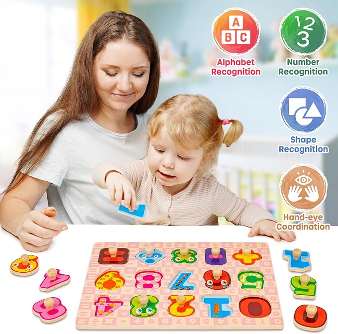 SYNARRY Wooden Puzzles for Toddlers 1-3, 6XSET Toddlers Puzzles Ages 1-3 with Rack, Learning Alphabet Number Shape Unicorn Princess Mermaid Animal, Gifts Toys for Girls Ages 2-4