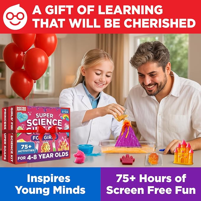 Doctor Jupiter Super Science Gift Set for Girls Ages 4+, Birthday Gift | Set of Girls' First Science Kit & Princess Super Soaps, 75+ Activities, Birthday Gift Ideas for Girls Ages 4,6,7,8, STEM Toy