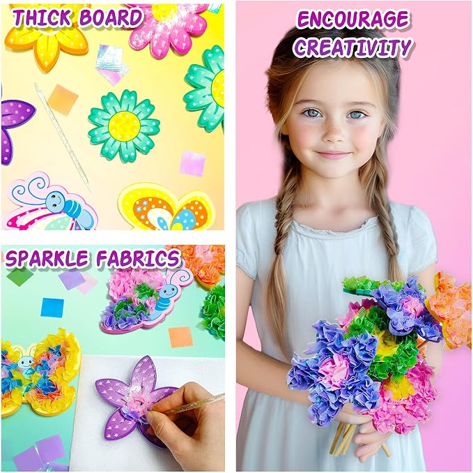 AGENTLAN Poke Art Bouquet Craft Kit,Mess-Free 3D Crafts for Kids Ages 3-8 | Glue free with flower pot,poke in foam flowers, butterflies,DIY arts and crafts gift for toddlers