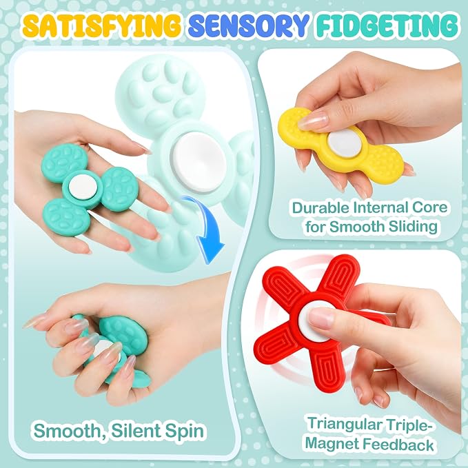 Silicone Sensory Fidget Spinner for Kids and Adults, Quiet Textured Fidget Toys with Soft Silicone Surface, Sensory Toys 4 Pack, Calm Focus Toy for Classroom, Office and Travel