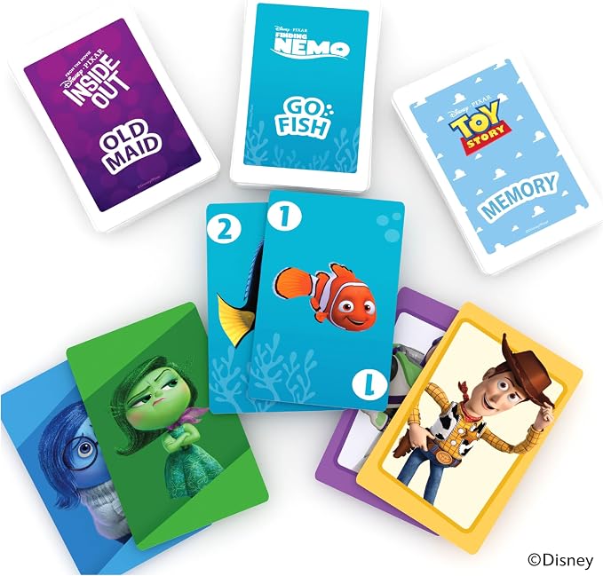 Bicycle Disney Pixar 3-in-1 Card Games Old Maid Go Fish Memory Kids Ages 4 | 3 games in 1 set Old Maid Go Fish and Memory, Toy Story Finding Nemo and Inside Out characters, Ages 4 and up