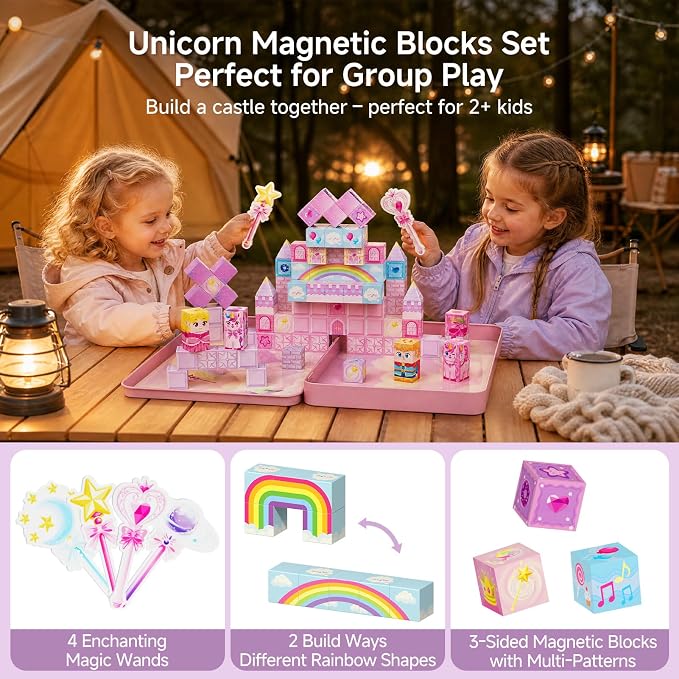 burgkidz Girls Travel Magnetic Blocks: 100pcs Unicorn Toys with Cones Wands | N32 Magnets Hold 15+ on Bumpy Roads, 60-Second Cleanup, 2-Kid Group Play, Essential for Car & Airplane, Ages 3-8