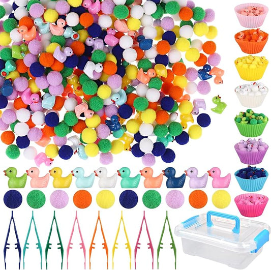217 Pcs Duck Sensory Bin Filler Fine Motor Toys Counting Sorting 100 Felt Pompoms 100 Mini Duck Figures 8 Tweezers 8 Silicone Plates 1 Storage Box, for Counting Sorting DIY Crafts (Duck)