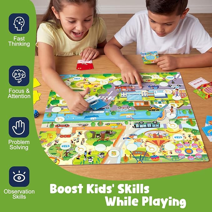 Town Search Board Games, Family Games for Kids Ages 5 6 7 8-12, 2-4 Players, Educational Board Game for Boys Girls 5+, Back to School Gifts for Classroom & Family Nights & Parties