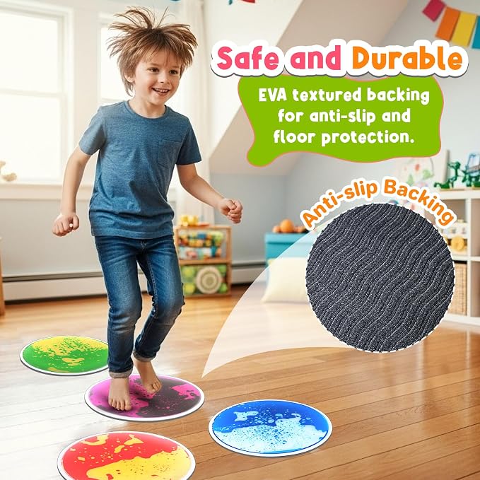 Sensory Floor Tiles for Kids: 4 Pack Sensory Toys for Kids with Autism | Round Liquid Play Mats for Lava Games, Gross Motor Skills- Sensory Room, Daycare Essentials, Preschool Must Have