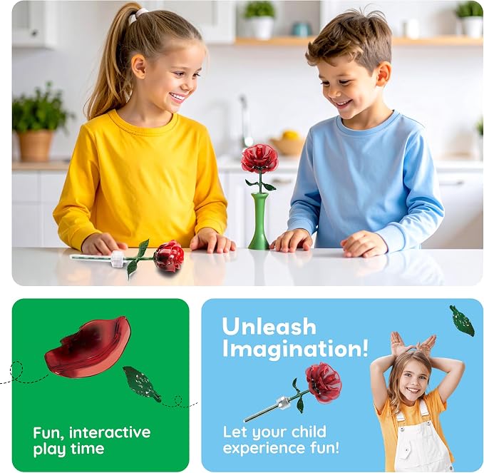 PicassoTiles Red Stem Rose Building 45pc Set With Magnetic Hold Piece Creative Hands-On Play Discovery Activity Kit Room Decor Gifts For Mother’s Day Present Display Flower Boys Girls Kid Age 3+ PBS20