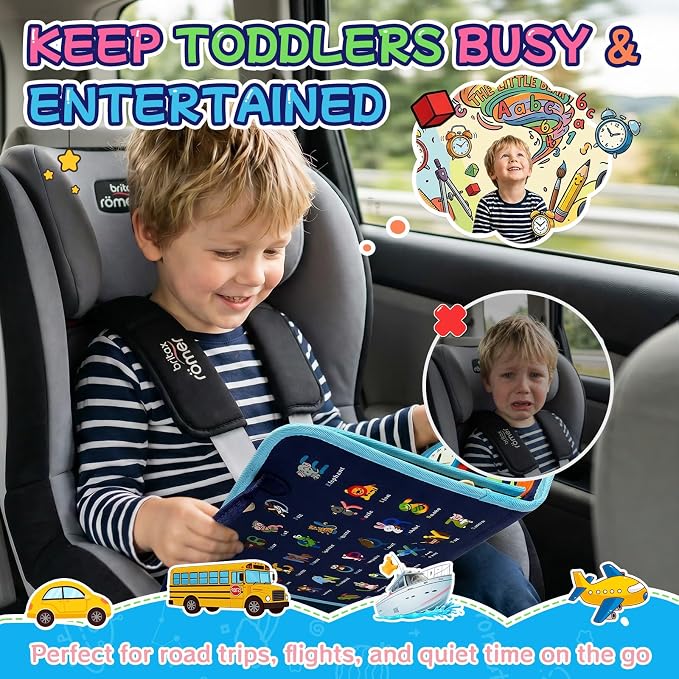 Montessori Busy Board for Toddlers 1-3, 4 Pages 15+ Activities Sensory Toy, ABC Numbers Colors Motor Skills Toy, Toddler Quiet Book Travel Toy, Preschool Educational for Boys Girls, Blue Zoo