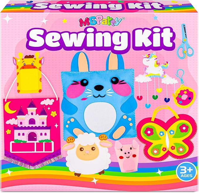 MGparty My First Sewing Kit for Kids - 8 Easy DIY Sewing Crafts with Bunny Pillow & Unicorn Wind Chime, Beginner Learn-to-Sew Craft Set for Girls & Boys Ages 5+, Screen-Free Educational Gift