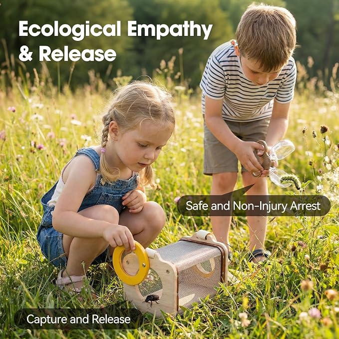 Wooden Bug Catcher Kit for Kids 3-8, 10PCS Durable Outdoor Explorer Kit with Magnifying Glass, Butterfly Net & STEM Guide, Catch & Release Adventure Set for Backyard & Camping