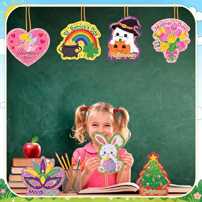 Funrous 10 Pieces Kids Recognition Lacing Cards,Holiday | Thick Cardboard Educational Sewing Cards, Double Sided Lacing Playing Games, For Preschool Developing Imagination Supplies