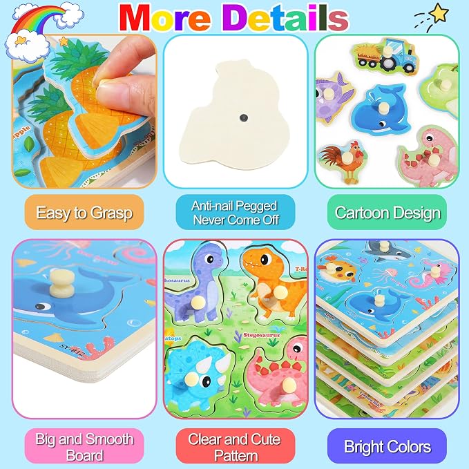 Melofaver Toddler Wooden Peg Puzzles, Montessori Learning Baby Puzzles | 6PCS Toddler Puzzles with Knob -Dinosaur, Farm, Farm Animal, Sea Animal, Fruit, Kids Puzzles Gifts for Boys Girls Christmas