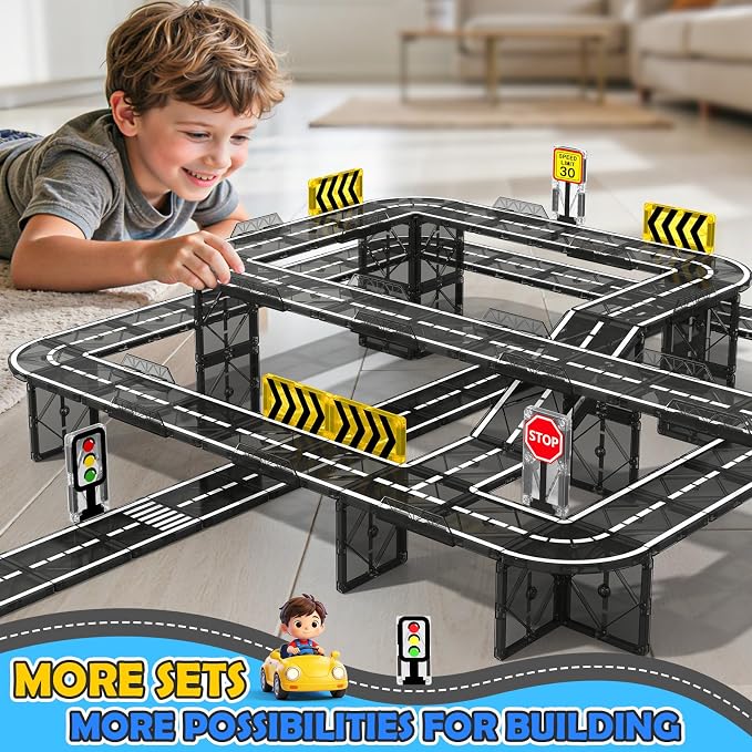 Magnetic Tiles Road with Bridge Clamp, STEM Magnetic Building Blocks for Kids, Educational Montessori Sensory Toys for Kids Ages 3-5 4-8 5-7, Gift for 3+ Year Old Boys Girls