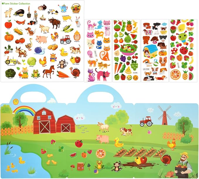 ASTARON Reusable Puffy Sticker Book，88 pcs Farm Stickers Educational Toy | 88 pcs Reusable Sticker,Waterproof Jelly Stickers, Portable Travel Toys,Educational Sensory Learning Toy,Gift for Boy Girl