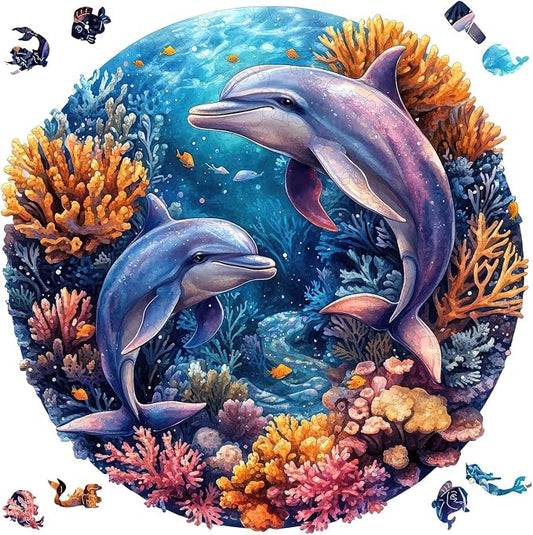 Qiuenisray Wooden Puzzles for Adults, Dolphins Jigsaw Puzzles 200 Pieces | FSC Certified Unique Shape Ocean Puzzles 11.2x11.2 in, Beautiful Decor, Unique Wood Puzzle, Creative Gift for Family Game